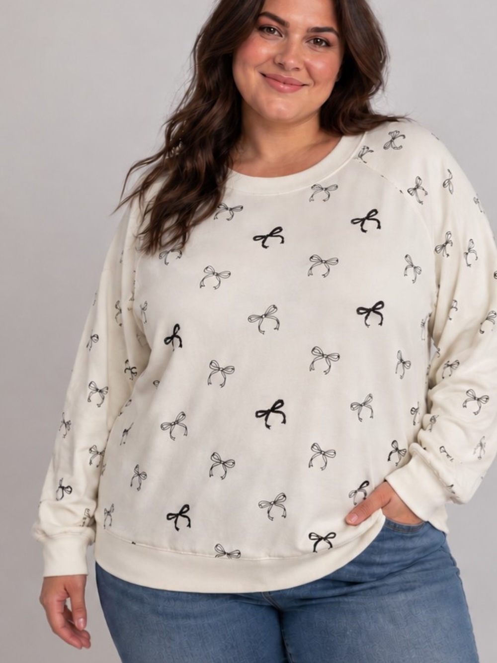 Lane Bryant 18/20 Bow Rhinestone Sweatshirt Cream Black Coquette Plus Size